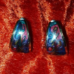 Vintage Swirl Enamel Multicolored Gold Tone Half Hoop Pierced Earrings.